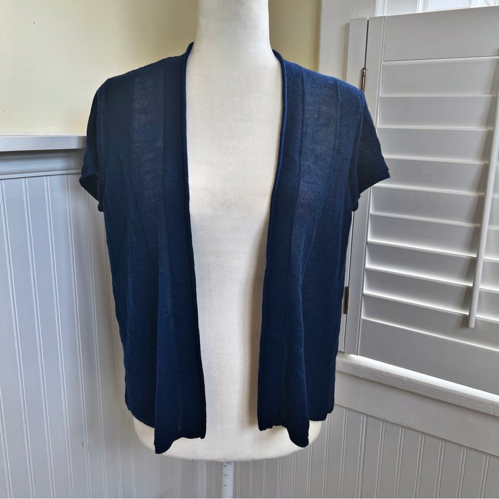 Eileen Fisher Petite Navy Blue Open Front Short Sleeve 100% Wool Cardigan Sz MP